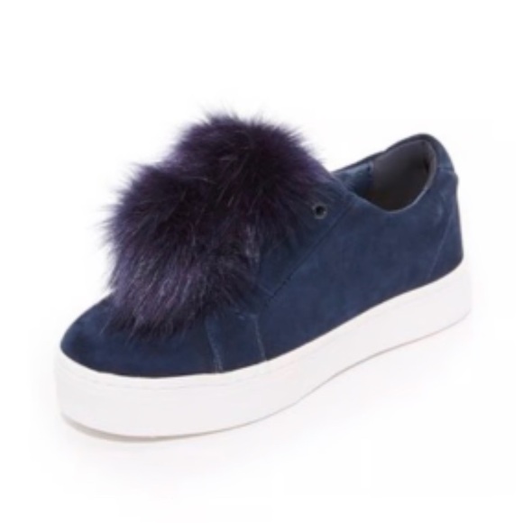 Sam Edelman Leather Sneaker with Faux Fur Pompoms Blue Suede Size 8 - Picture 2 of 8